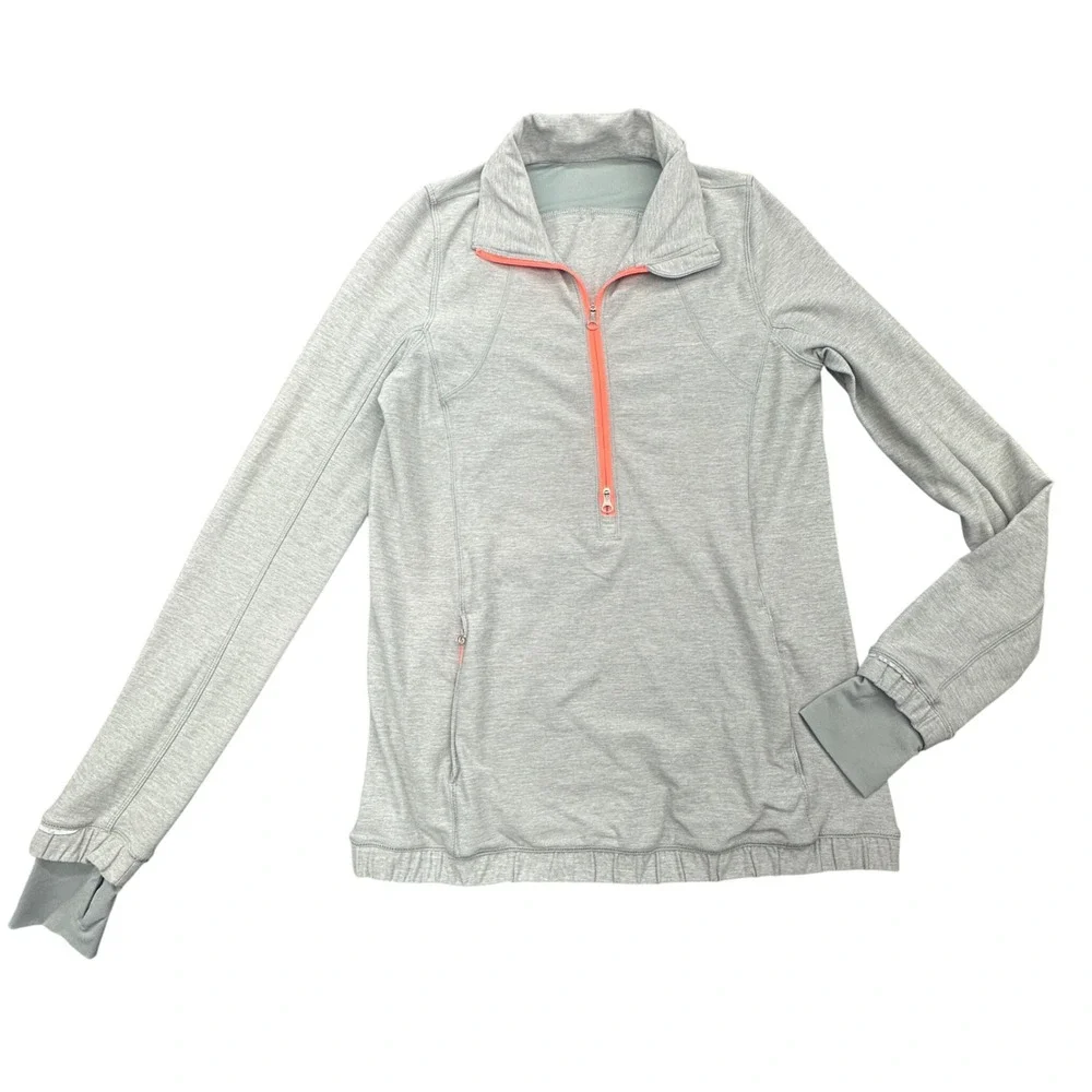 Lululemon Grey Heather Neon Orange Quarter Zip Pullover Thumbholes‎ Size 6